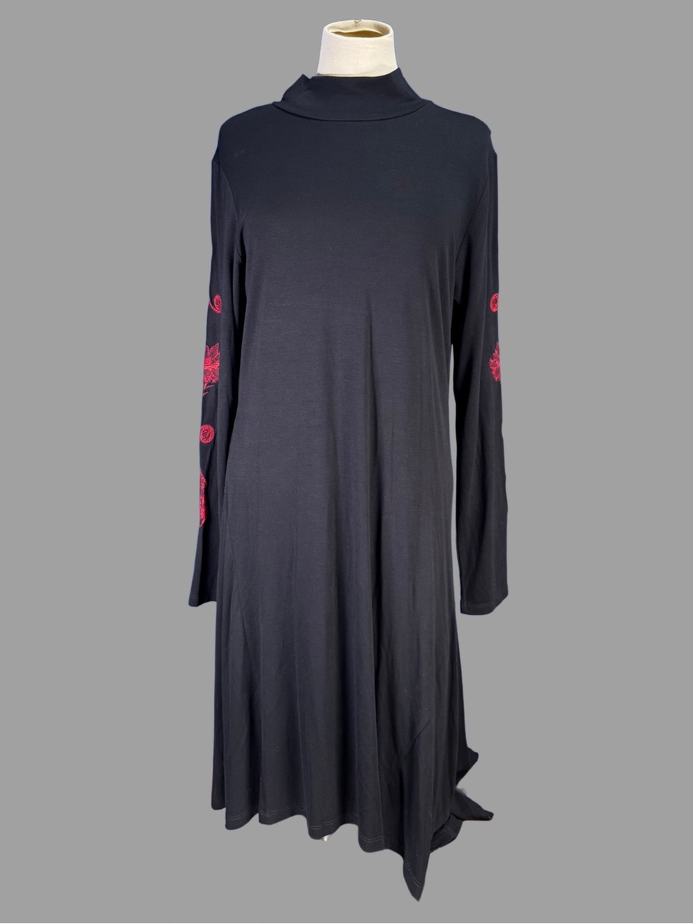 NWT Desigual Black Long-Sleeve Mock Neck Dress with Red Sleeve Embroidery